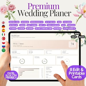 Może przedstawiać: Cyfrowy pulpit nawigacyjny planera ślubnego wyświetlany na ekranie tabletu, zawierający tekst Premium Wedding Planer, Olivia & James oraz moduły do śledzenia budżetu, gości i usługodawców. Interfejs zawiera fioletowe przyciski i motywy kwiatowe.