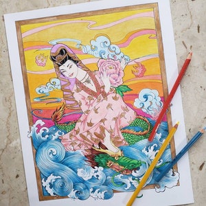 May include: A colorful illustration of a woman in a pink robe riding a green dragon over blue waves. The woman is holding a pink flower and the background is a yellow and orange sunset.