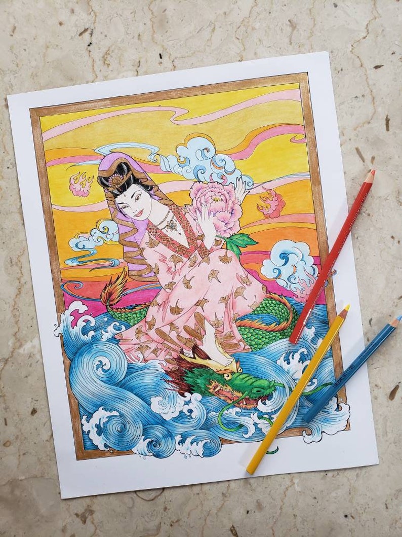 May include: A colorful illustration of a woman in a pink robe riding a green dragon over blue waves. The woman is holding a pink flower and the background is a yellow and orange sunset.