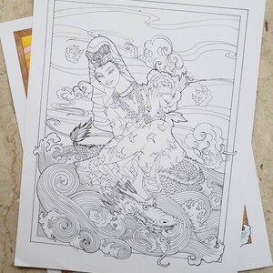 May include: A black and white line drawing of a woman in a flowing robe riding a dragon. The woman is holding a flower in her hand. The dragon is surrounded by swirling clouds.