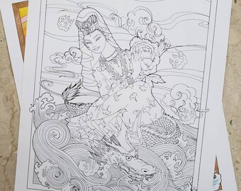 Downloadable Coloring page, Kwan Yin on a Dragon, intricate coloring, hours of fun