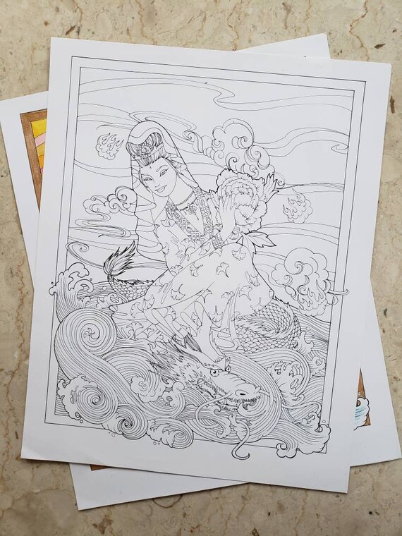 Downloadable Coloring page, Kwan Yin on a Dragon, intricate coloring, hours of fun