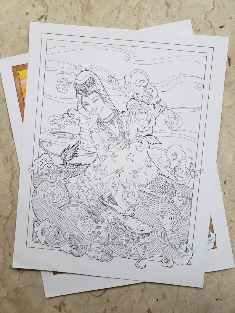 May include: A black and white line drawing of a woman in a flowing robe riding a dragon. The woman is holding a flower in her hand. The dragon is surrounded by swirling clouds.