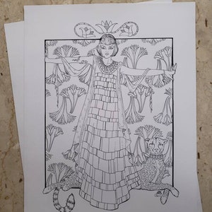 Downloadable Coloring page, Cleopatra and leopard, intricate coloring, hours of fun