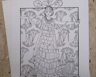 Downloadable Coloring page, Cleopatra and leopard, intricate coloring, hours of fun