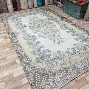 6x10 Vintage Turkish Wool Rug: Distressed Pastel Oushak