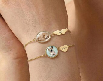 Bracelet personnalisé pour portrait d'animal de compagnie, bijoux photo personnalisés avec nom gravé, souvenir commémoratif d'animal de compagnie, cadeau en cas de décès d'un chien ou d'un chat, cadeau de fête des mères