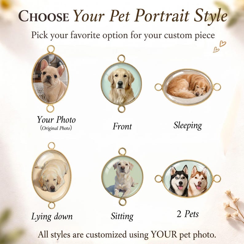 K&ouml;nnte beinhalten: Werbung f&uuml;r individuelle Haustierportr&auml;ts. Das Bild zeigt verschiedene Portr&auml;tstile, darunter "Your Photo", "Front", "Sleeping", "Lying down", "Sitting" und "2 Pets". Der Text lautet "CHOOSE Your Pet Portrait Style" und "All styles are customized using YOUR pet photo."