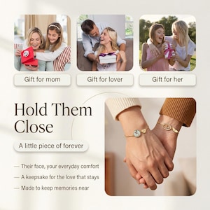 K&ouml;nnte beinhalten: Das Bild zeigt drei Geschenkszenen mit den Bezeichnungen "Geschenk f&uuml;r Mama", "Geschenk f&uuml;r Liebhaber" und "Geschenk f&uuml;r sie". Der Text "Hold Them Close" und "A little piece of forever" werden ebenfalls angezeigt. Zwei goldene Armb&auml;nder mit dekorativen Anh&auml;ngern sind abgebildet.