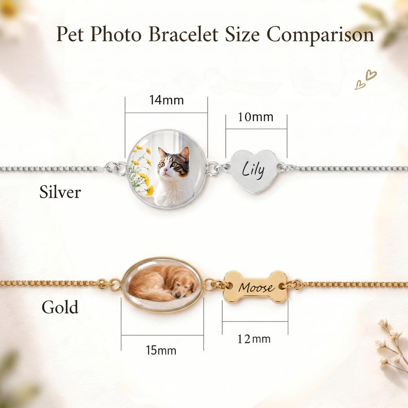 K&ouml;nnte beinhalten: Vergleich von Tierfoto-Armb&auml;ndern. Das silberne Armband hat einen 14 mm runden Anh&auml;nger mit einem Katzenfoto und einen 10 mm Herzanh&auml;nger. Das goldene Armband hat einen 15 mm ovalen Anh&auml;nger mit einem Hundefoto und einen 12 mm Knochenanh&auml;nger.
