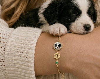Bracelet personnalisé avec pierre de naissance avec photo d'animal de compagnie, bracelet empreinte de pattes gravées, bijoux commémoratifs personnalisés pour animal de compagnie, cadeau de sympathie pour le décès d'un chien ou d'un chat pour maman d'animal de compagnie