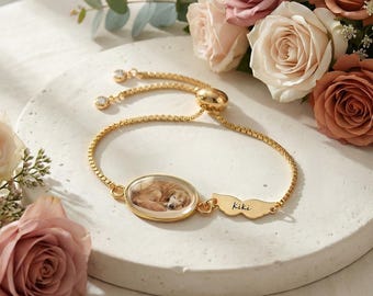 Bracelet personnalisé pour portrait d'animal de compagnie, bijoux photo personnalisés avec nom gravé, souvenir commémoratif d'animal de compagnie, cadeau en cas de décès d'un chien, cadeau de fête des mères
