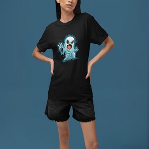 Ghostly Trickster T-Shirt, Spooky Cartoon Ghost Tee, Funny Halloween Shirt, Glow in the Dark Ghost, Cute Horror Shirt, Unique Gift for Him