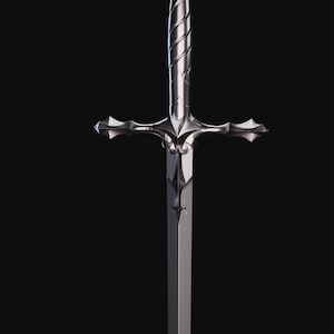 Può includere: Spada d'argento con elsa e guardia dettagliate, su sfondo nero. La lama è dritta e lucida, con una punta. L'elsa presenta un motivo a spirale e la guardia ha elementi decorativi.