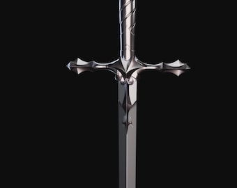 May include: A silver sword with a detailed hilt and crossguard, set against a black background. The blade is straight and polished, with a pointed tip. The hilt features a spiral design, and the crossguard has decorative elements.