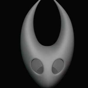 May include: A grey mask with two large, oval eye openings and two upward-curving horns. The eye openings have a mesh-like texture. The mask is set against a black background.