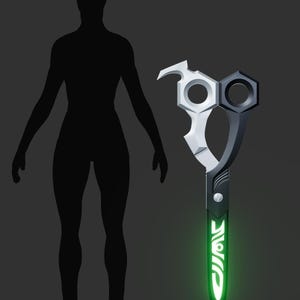 May include: A futuristic pair of scissors in silver and black. The handle has a unique design, and the blade glows green. The scissors are next to a human silhouette. The design suggests a sci-fi or fantasy theme.
