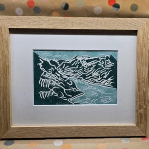 Made on order- unique mountain and lake linoprint inspired by the Norwegian fjords