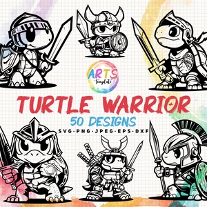 May include: A digital design featuring six cartoon turtle warriors in various armor styles, each holding a sword or spear. The text "TURTLE WARRIOR" is displayed in red, along with "50 DESIGNS" and file type information.