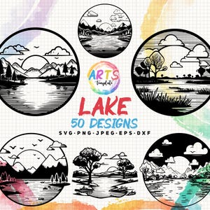 lake art templates svg png jpeg eps dxf bundle silhouette clipart cricut vector commercial use custom lake water landscape lake mountain svg