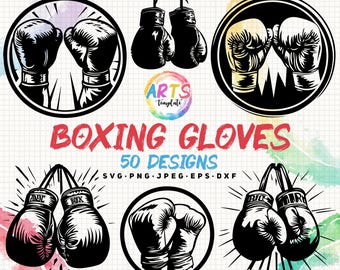 Puede incluir: Un conjunto de 50 diseños de guantes de boxeo en blanco y negro. Los diseños son de varios estilos, incluyendo clásico, moderno y de dibujos animados. El texto "Boxing Gloves 50 Designs SVG.PNG.JPEG.EPS.DXF" está en la parte inferior de la imagen.