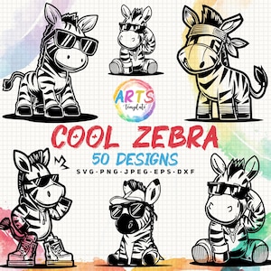 Op de afbeelding: Een verzameling zwart-wit illustraties van coole zebra's met zonnebrillen en verschillende outfits. De tekst "COOL ZEBRA" staat in het rood, met "50 DESIGNS" eronder. De afbeelding bevat ook de tekst "SVG.PNG.JPEG.EPS.DXF".