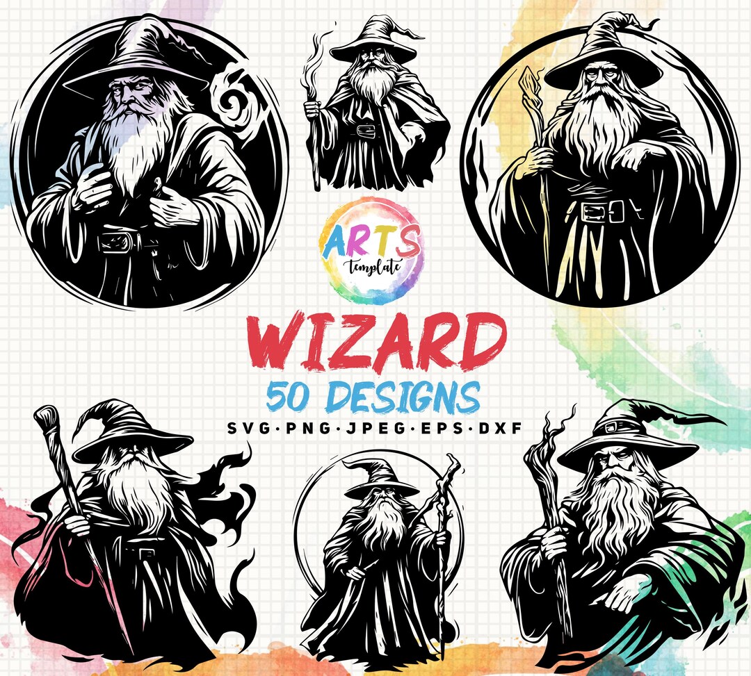 Wizard Graphics Wizard Clipart Bundle: 50 Magic Art Designs (svg, Png, Jpg, Eps, Dxf ...