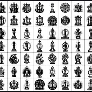 Puede incluir: Una colección de piezas de ajedrez en blanco y negro, incluyendo peones, torres, caballos, alfiles, reinas y reyes. Cada pieza está ilustrada con detalles intrincados y diseños variados, sobre un fondo blanco. La imagen muestra las diversas formas de las piezas de ajedrez.