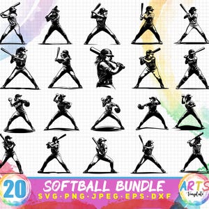 Op de afbeelding: Een set van 20 zwart-witte softball-speler silhouet SVG-snijbestanden. De bundel bevat SVG, PNG, JPG, EPS en DXF-bestandsformaten. De tekst "SOFTBALL BUNDLE" en "ARTS template" is opgenomen in de afbeelding.