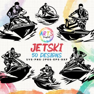 May include: A set of six black and white silhouette illustrations of people riding jet skis. The illustrations are set against a colorful watercolor background. The text "Jetski 50 Designs" is included in the image.