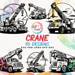 Może przedstawiać: Cyfrowa ilustracja przedstawiająca sześć wzorów dźwigów w czerni i bieli, z akcentami akwarelowymi. Słowo "CRANE" jest wyświetlane na czerwono, z napisem "50 DESIGNS" poniżej. Projekty obejmują różne style dźwigów.