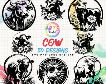 cow bundle svg png jpeg eps dxf bundle silhouette clipart cricut vector commercial use custom floral cow animal cowboy art template vector