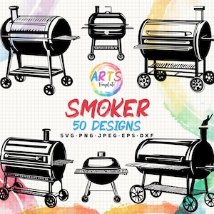 Op de afbeelding: Een set van 50 zwart-witte smoker-ontwerpen. De ontwerpen zijn in verschillende stijlen, waaronder offset-smokers, verticale smokers en vat-smokers. De tekst "SMOKER 50 DESIGNS SVG.PNG.JPEG.EPS.DXF" staat onderaan de afbeelding.