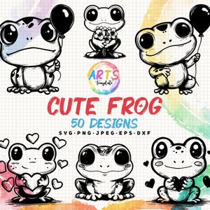 cute frog art template svg png jpeg dxf bundle silhouette clipart cricut vector commercial use custom cute frog flower heart balloon frog