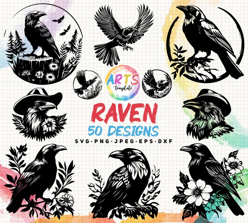 Raven Text Design Raven Clipart Vector Bundle: Floral, Cowboy, Bird Designs (svg, Png ...