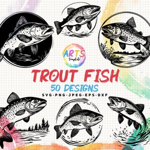 trout fish bundle svg png jpeg eps dxf bundle silhouette clipart cricut vector commercial use custom trout fishing fisherman art templates
