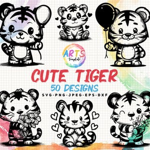 cute tiger art template svg png jpeg eps dxf bundle silhouette clipart cricut vector commercial use custom cute tiger flower balloon tiger