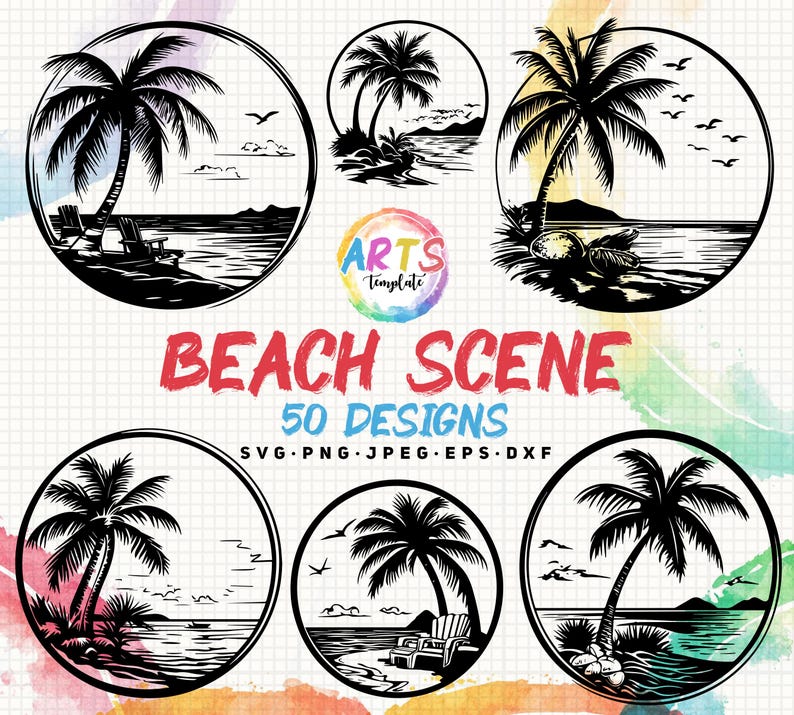 Beach Scene Bundle Art Template Svg Png Jpeg Eps Dxf Bundle Silhouette ...