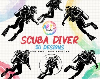 scuba diver bundle svg png jpg eps dxf bundle silhouette clipart cricut vector commercial use custom scuba diving art templates scuba diving