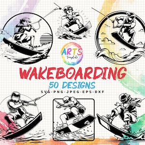May include: A collection of black and white wakeboarding designs. The image shows several illustrations of people wakeboarding, with the word "WAKEBOARDING" in red. The image also includes the text "50 DESIGNS" and file type information.