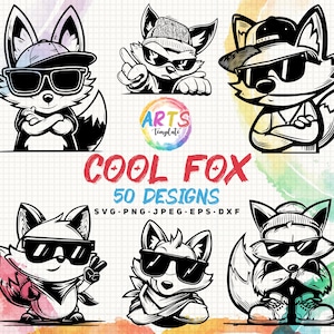 May include: A collection of cool fox designs in various poses, wearing sunglasses and hats. The text "COOL FOX" is displayed in red, with "50 DESIGNS" below it. The designs are available in SVG, PNG, JPEG, EPS, and DXF formats.