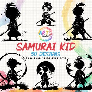 samurai kid bundle svg png jpeg eps dxf bundle silhouette clipart cricut vector commercial use custom samurai warrior kid cute kawaii svg
