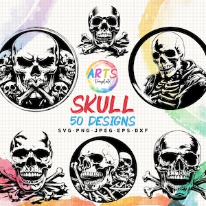 skull bundle svg png jpg eps dxf bundle silhouette clipart cricut vector commercial use custom skull art templates skeleton skull cross bone