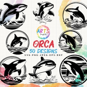 May include: A set of 50 black and white vector illustrations of orcas, also known as killer whales, in various poses. The orcas are depicted swimming in the ocean with waves and splashes of water. The text "Arts Template" and "Orca 50 Designs" is included in the image.