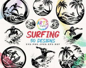 Surfing SVG Bundle: Ocean Wave Clipart, Cricut Silhouette Vector (Digital Download)