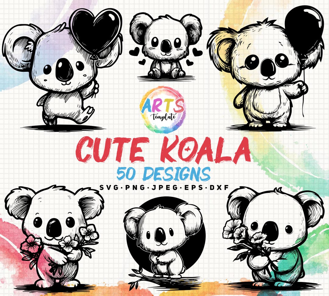 Cute Koala Art Template Svg Png Jpeg Eps Dxf Bundle Silhouette Clipart ...