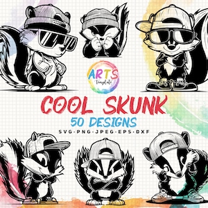Peut inclure: Plusieurs dessins de moufettes de dessins animés en noir et blanc portant des chapeaux et des lunettes de soleil. Le texte "COOL SKUNK 50 DESIGNS" est affiché en rouge et bleu. Formats de fichiers SVG, PNG, JPEG, EPS et DXF.