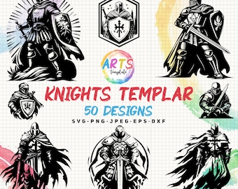 May include: A set of 50 black and white vector illustrations of knights templar. The knights are depicted in various poses, including standing, kneeling, and fighting. The illustrations are perfect for use in a variety of projects, such as t-shirt designs, website graphics, and social media posts.