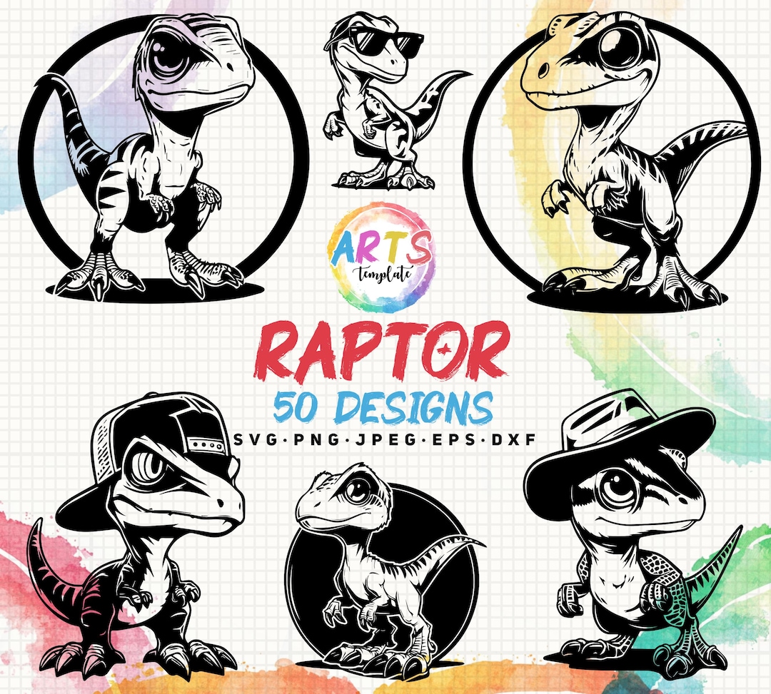 Simple Cartoon Raptor Cartoon Raptor Clipart Bundle, Dinosaur Vector (svg, Png, Jpg, Eps, Dxf ...