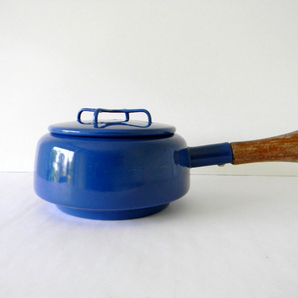 Vintage Blue Dansk Kobenstyle Enamel Pot with Teak Handle and Trivet Lid